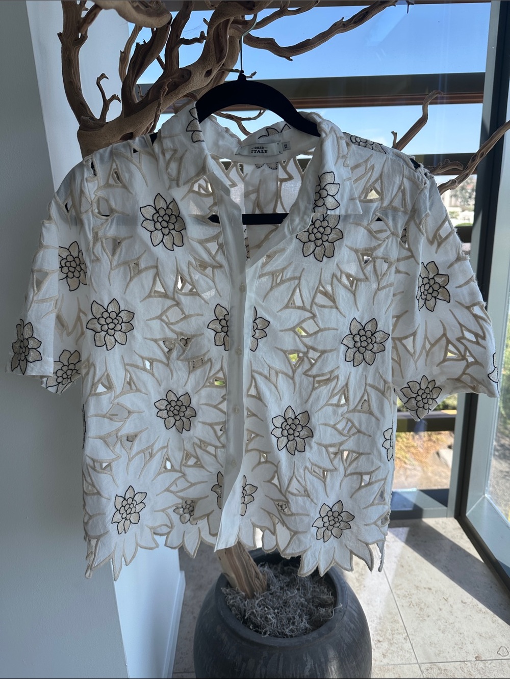 White Floral Cutout Button-Down Shirt with Short Sleeves